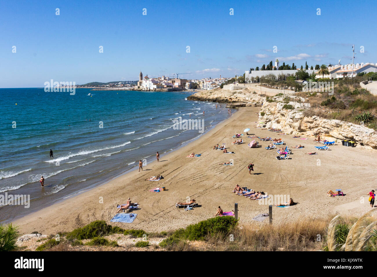 Platja dels Balmins, Sitges, Katalonien, Spanien Stockfoto