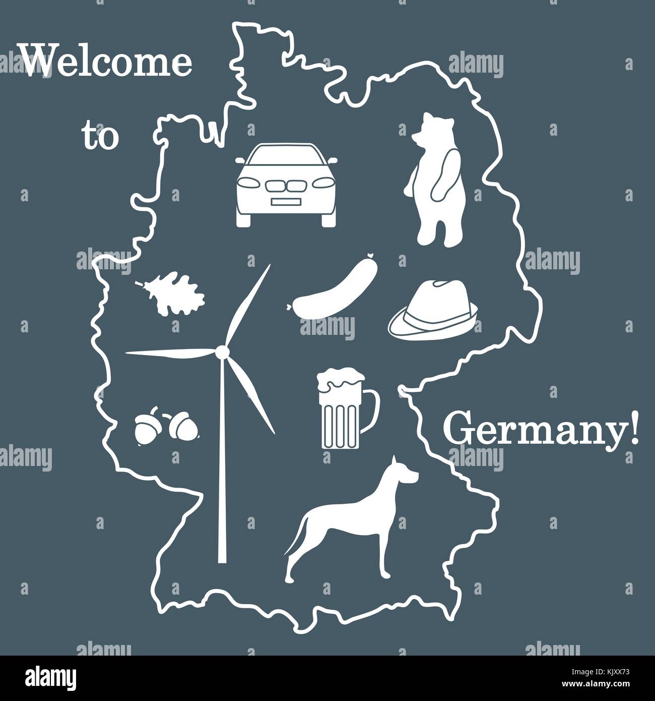 Vector Illustration mit verschiedenen Symbolen in Deutschland. Reisen und Freizeit. Design für Banner, Poster oder Drucken. Stock Vektor
