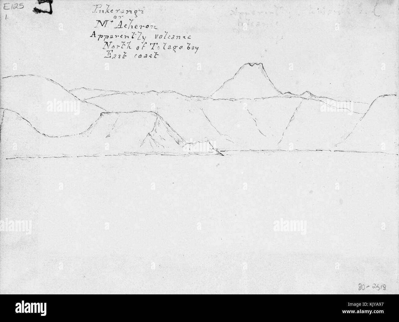 Pukerangi, auch bekannt als Mount Hikurangi, liegt auf der Nordinsel Neuseelands. Dieser vulkanische Berg, dargestellt in einer Illustration von James Coutts Crawford aus dem Jahr 1864, steht in der Nähe der Tolaga Bay an der Ostküste. Stockfoto