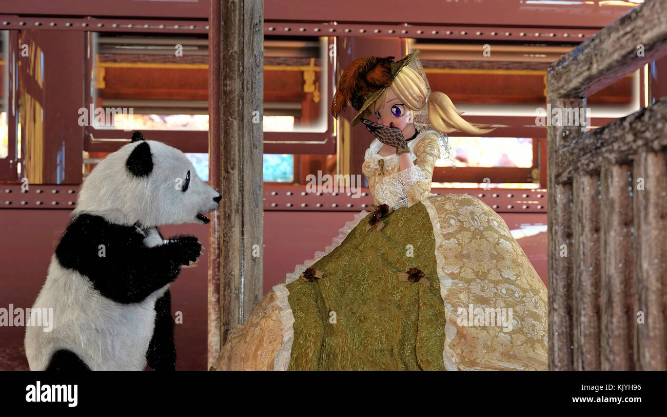 Toon Lady kam an einem Bahnhof der Bärenwelt an Stockfoto