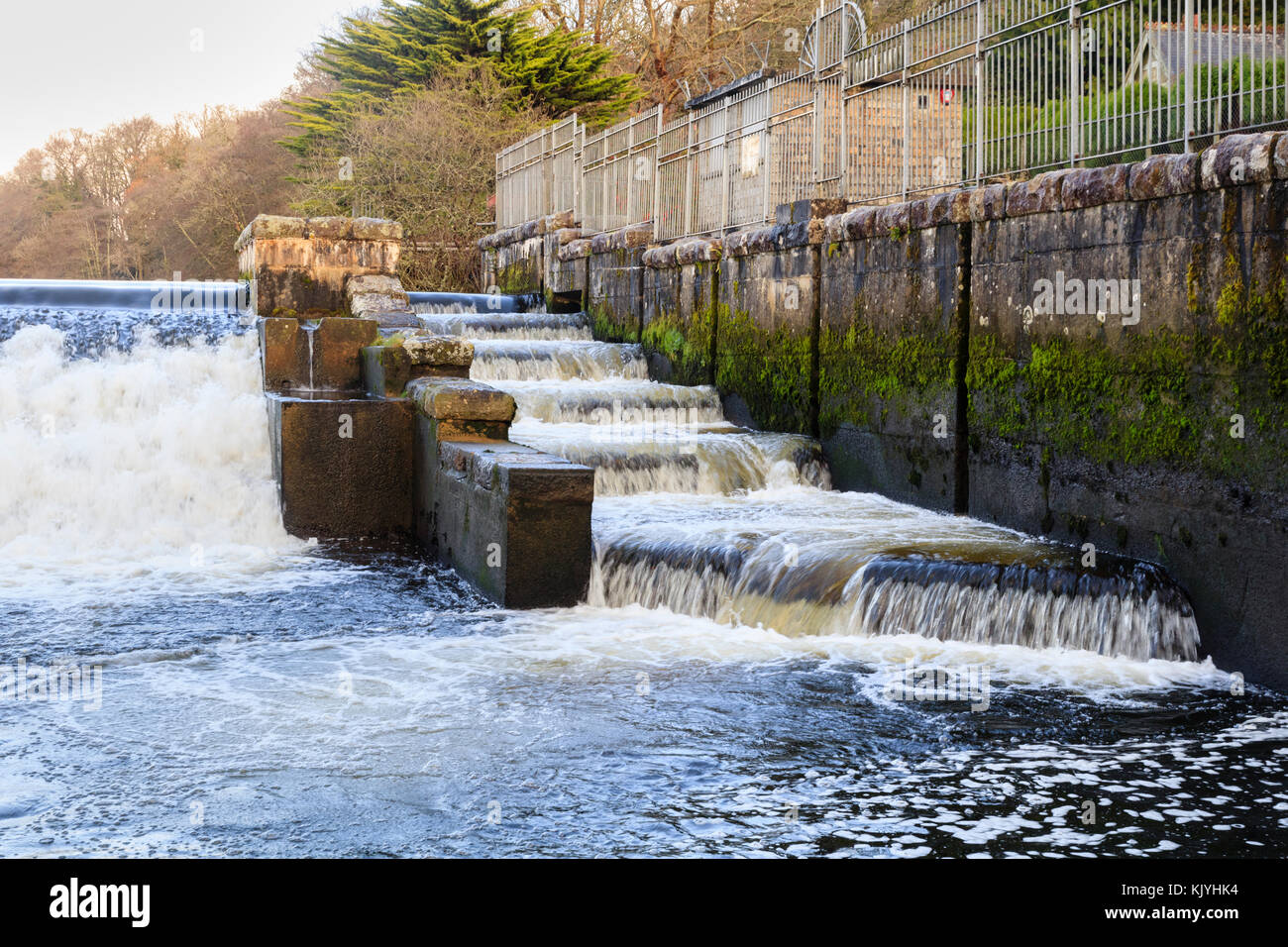 Obere Fischtreppe an der Seite von Lopwell Damm am Fluss Tavy, Devon, Großbritannien Stockfoto