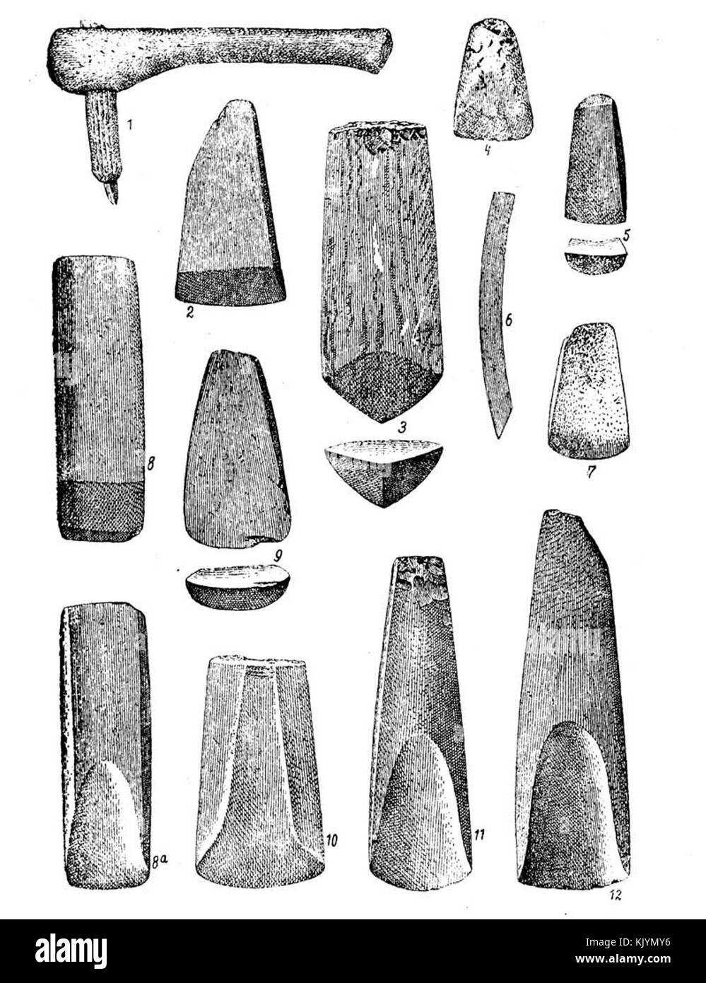 Foto oder Illustration von Meißeln aus Stein, die in der frühen menschlichen Werkzeugherstellung zum Formen und Schnitzen von Materialien verwendet wurden. Stockfoto