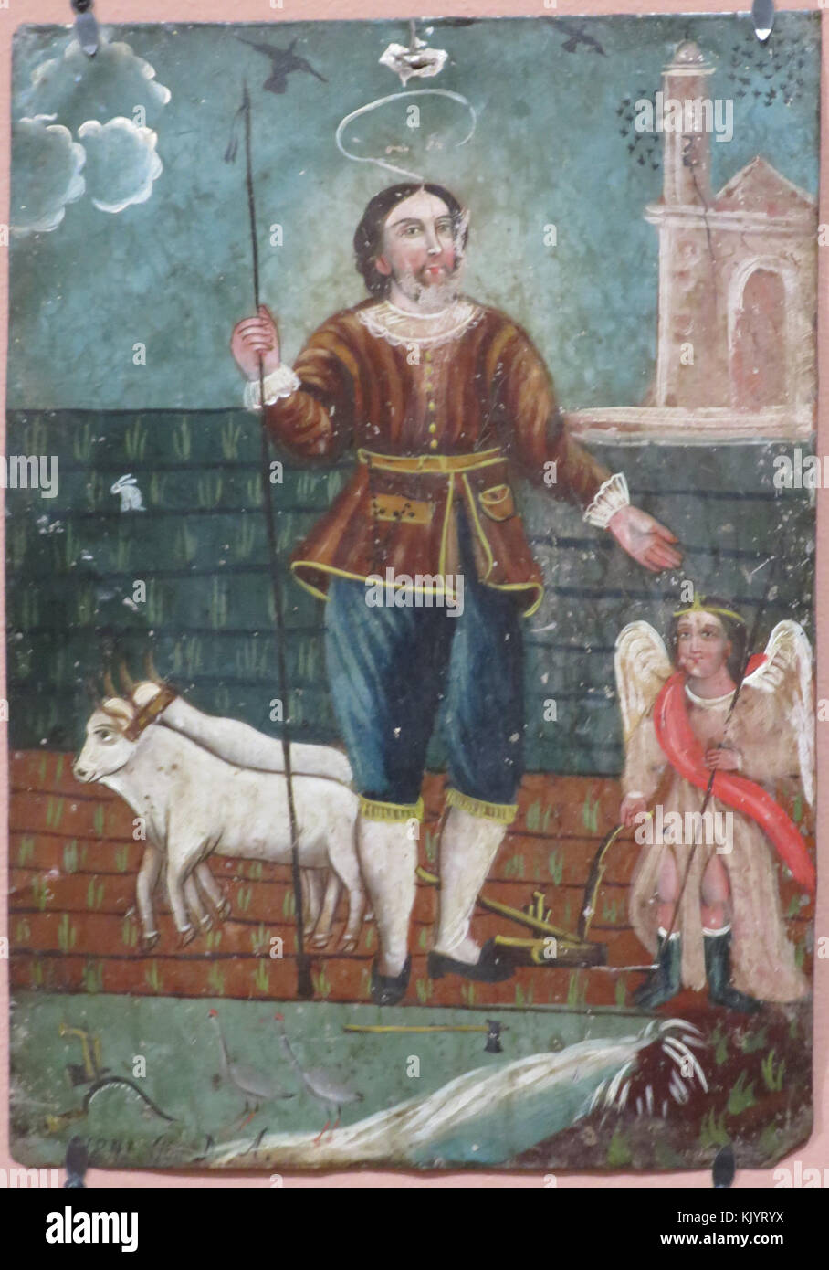 'Saint Isidor der Landwirt" durch Donaciano Aguilar, Öl in Zinn retablo, 1841, El Paso Museum der Kunst Stockfoto