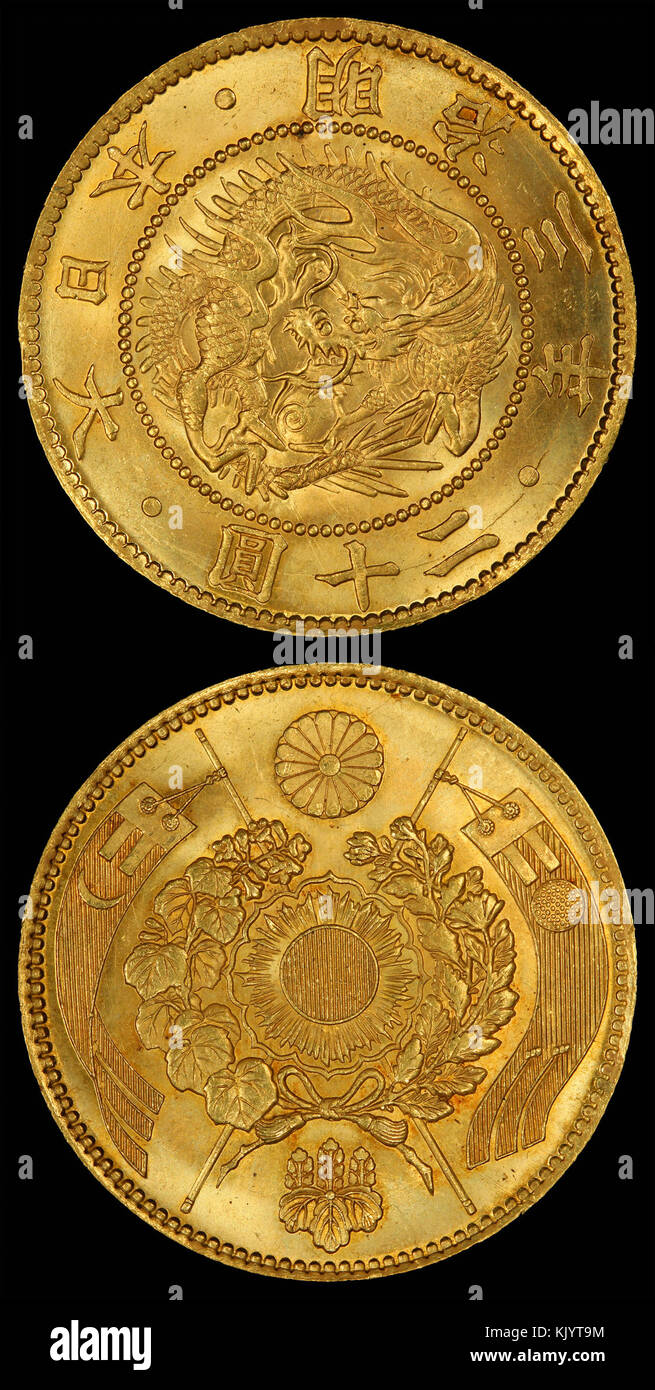Eine 20-Yen-Münze aus Japan, ausgestellt 1870, mit historischen Designelementen, die auf die Meiji-Periode und ihr Währungssystem hinweisen. Stockfoto