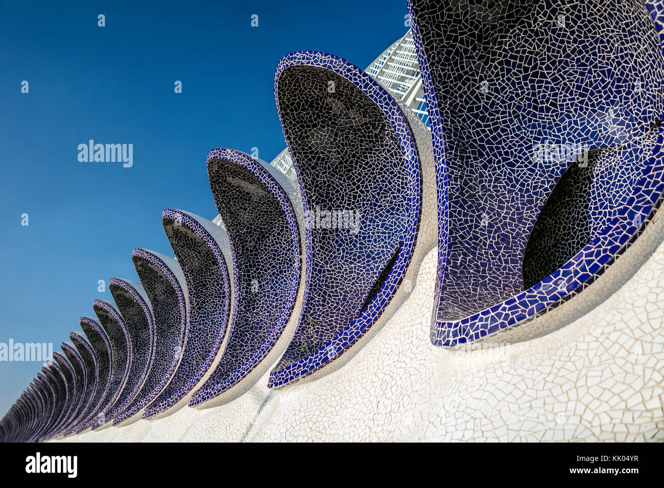 Fliesen- Kurven auf Außenwand, umbracle, Stadt der Kunst und Wissenschaften, Valencia, Spanien. Stockfoto