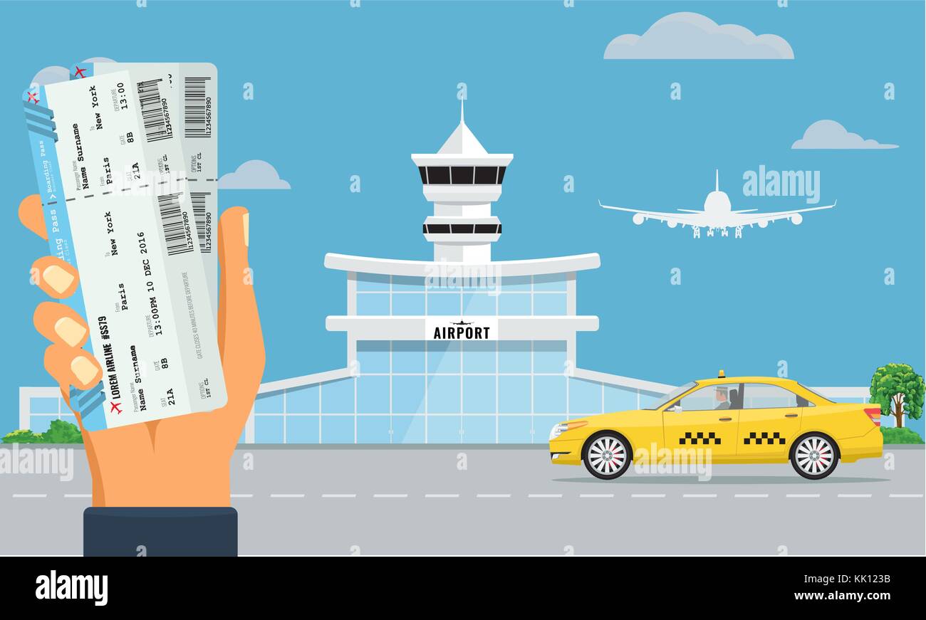Flughafen Terminal und gelben Taxi. Hand zwei Flugtickets. im städtischen Hintergrund flach und Farbe Design. Stock Vektor