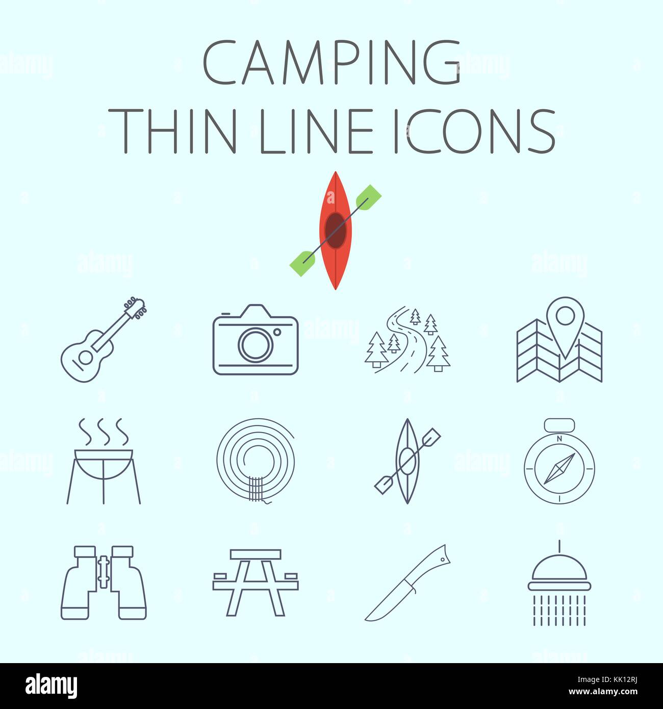 Camping dünne Linie vektor Symbol für Web und mobile Anwendungen. Set enthält - Fernglas, Gitarre, Cam, Straße, Karte, PIN, BBQ, Seil, Kajak, Kompass, Tabelle Stock Vektor