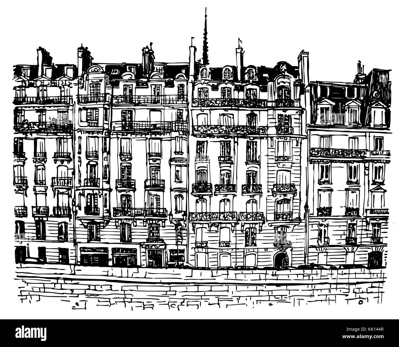Vector Illustration von Paris - Ile de la Cite - Fassaden entlang der Seine (Zeichnung) Stock Vektor
