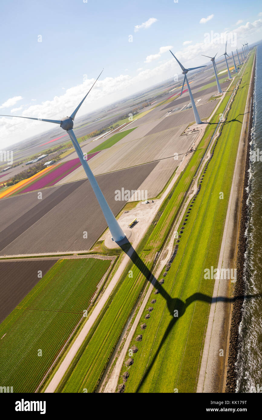 Luftaufnahme von Windenergieanlagen durch das Meer, Nord Holland, Niederlande Stockfoto
