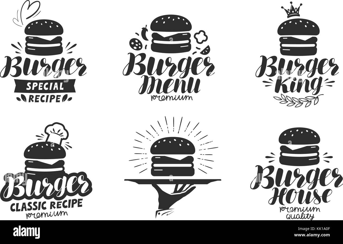 Burger, Fast Food-Logo oder -Symbol, Emblem. Etikett für Menü Design Restaurant oder Café. Illustration des Schriftvektors Stock Vektor
