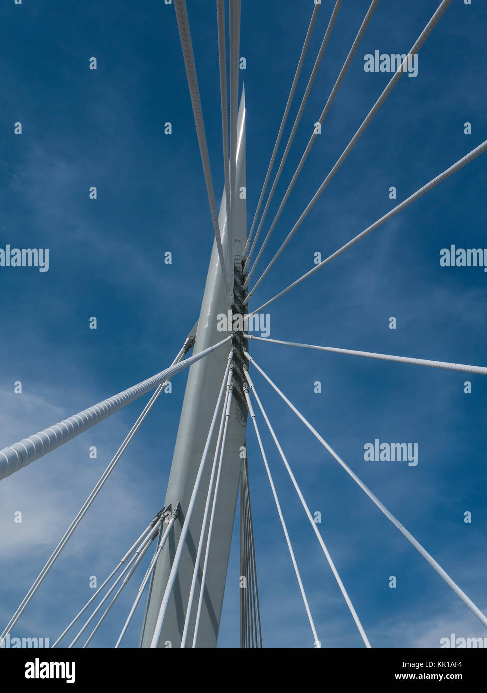 Esplanade Riel Hängebrücke, die Gabeln National Historic Site, Winnipeg, Manitoba, Kanada. Stockfoto