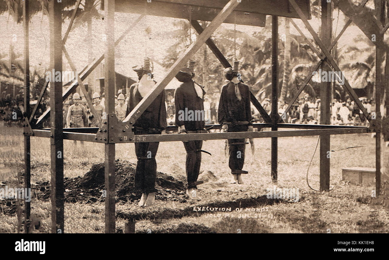 Drei Moros Rebellen auf Jolo hing am 23. Juli 1911 Stockfoto