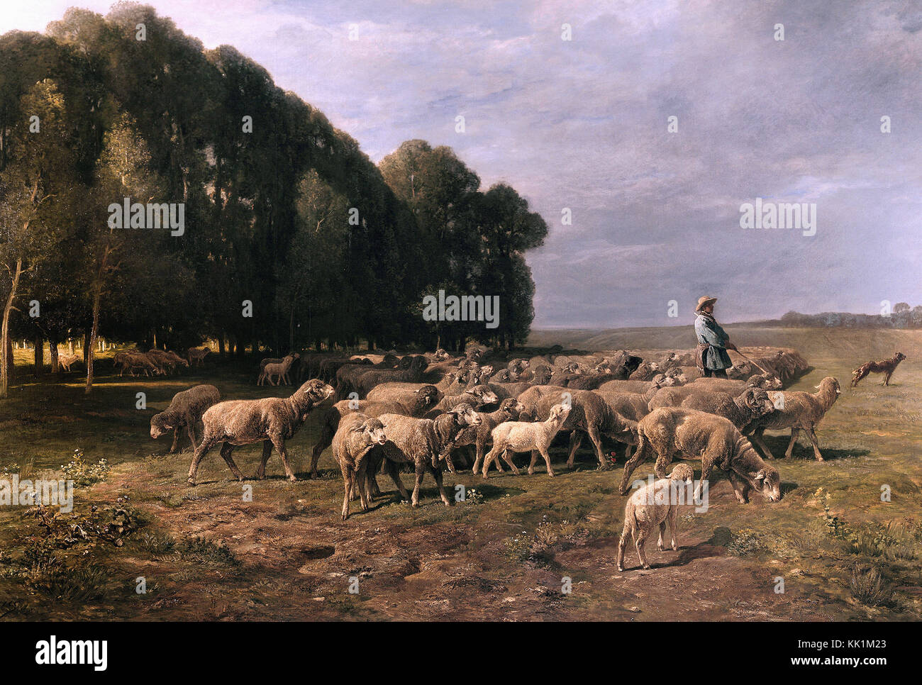 Charles Jacque - Schafherde in einer Landschaft, die Hirten fahren eine Herde Schafe im Klartext Stockfoto