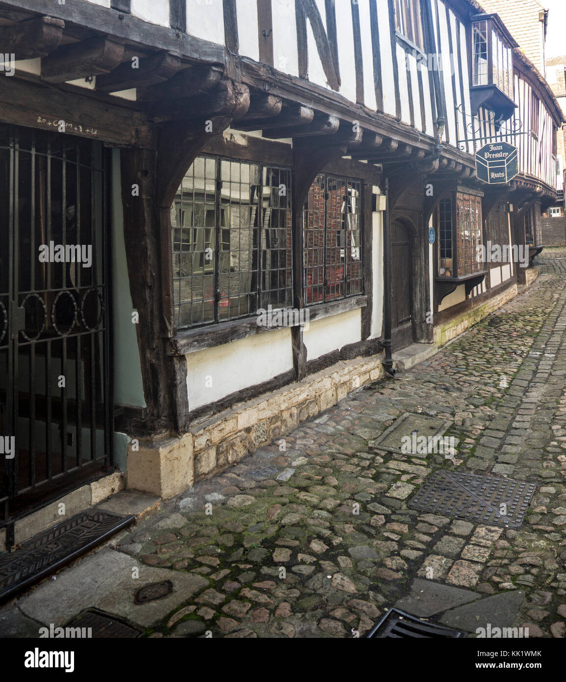 Joan Presley hüte Shop, fünfzehnten Jahrhundert Architektur, St John's Alley, Devizes, Wiltshire, England, Großbritannien Stockfoto