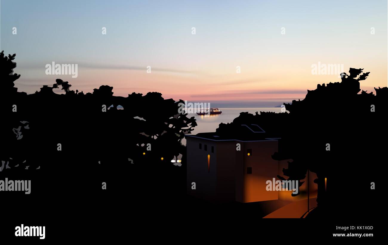 Vektor 393 an der Adria in den Sonnenuntergang, schönen Himmel und Bäume Silhouetten in der Front, eps 10 Vektor, verlaufsgitter und Transparenz Stock Vektor