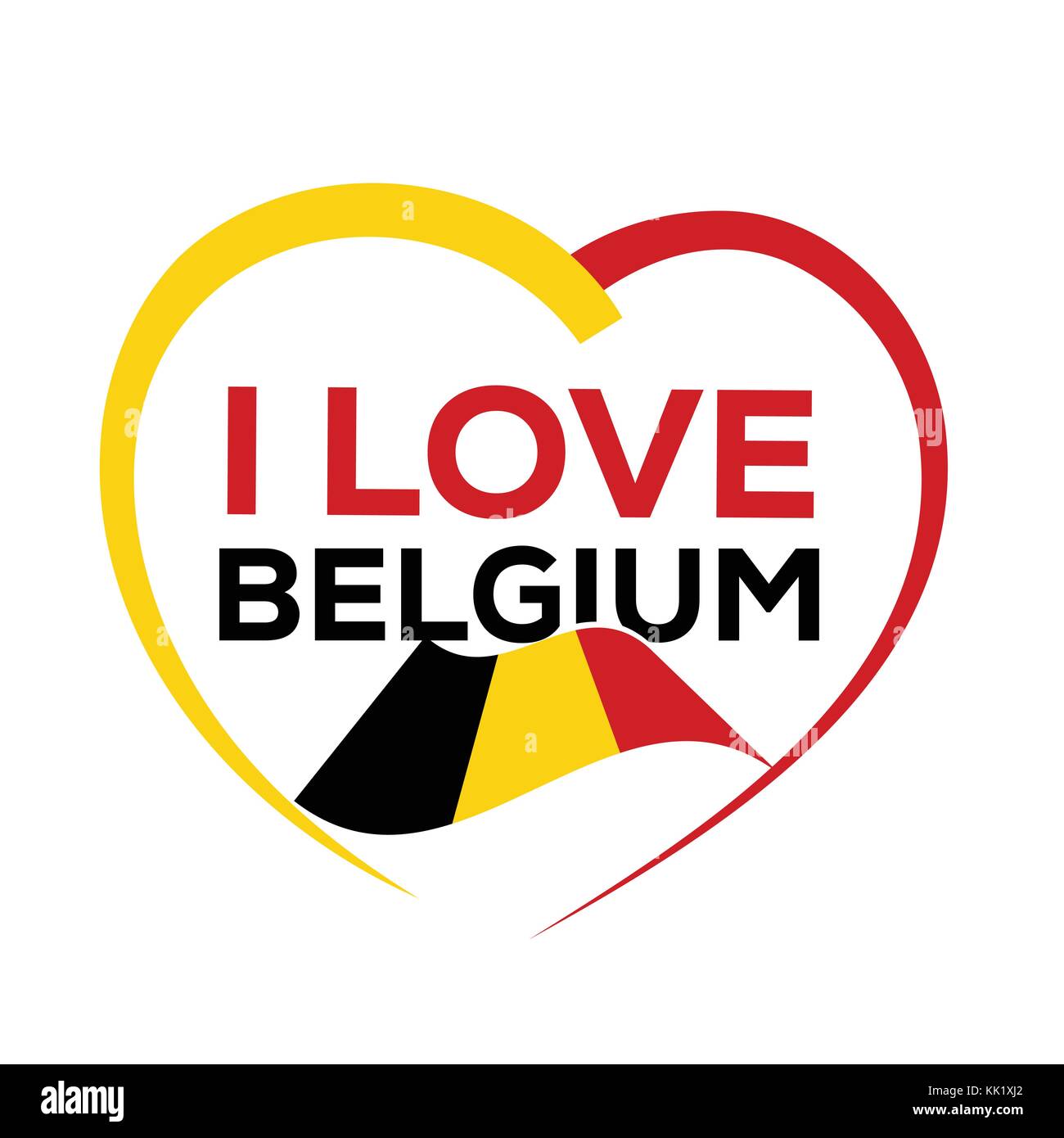 Ich liebe Belgien mit Umrisse des Herzens und die belgische Fahne, Icon Design, auf weißem Hintergrund. Stock Vektor