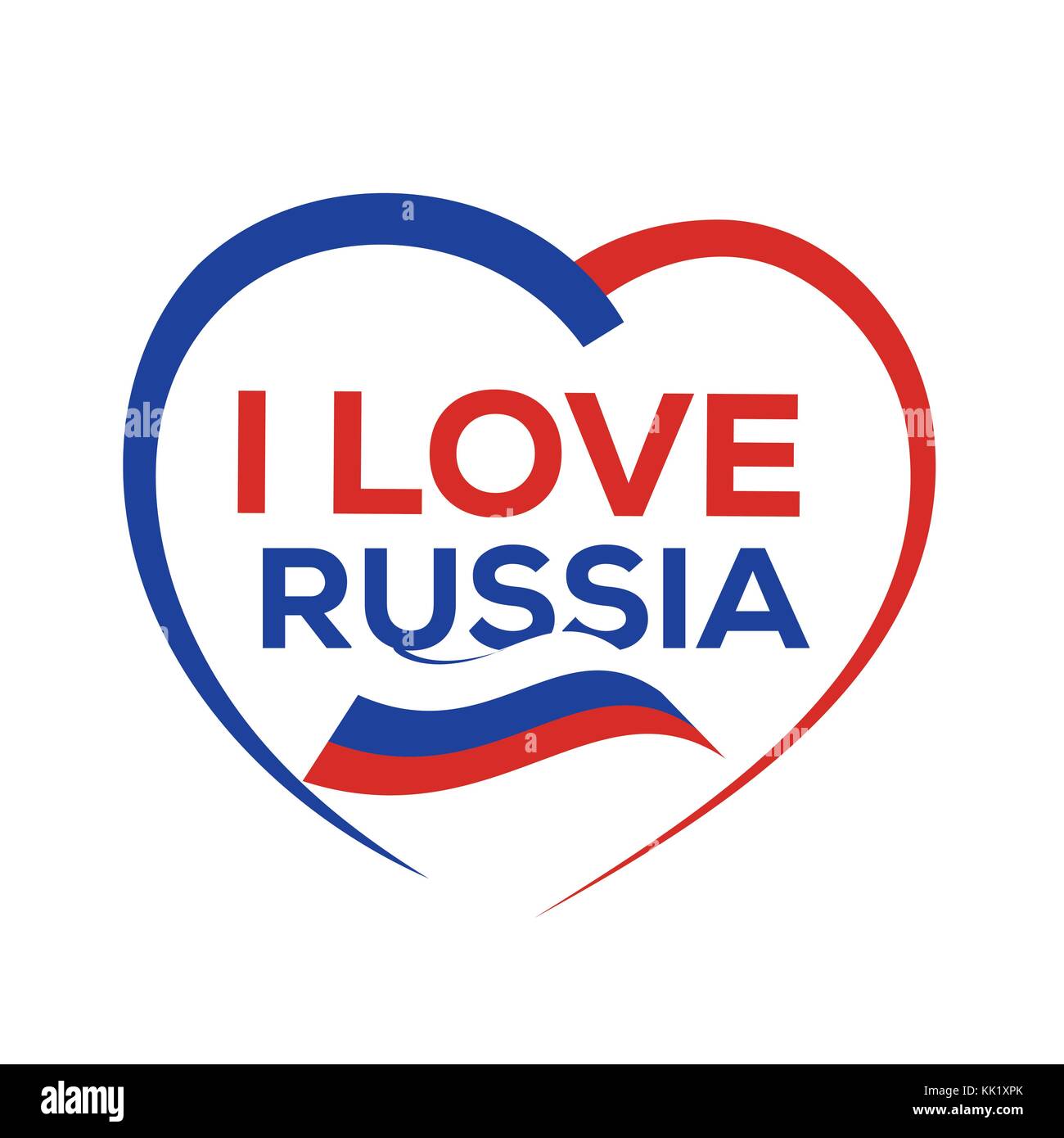 Ich liebe Russland mit Umrisse des Herzens und die Russische Fahne, Icon Design, auf weißem Hintergrund. Stock Vektor