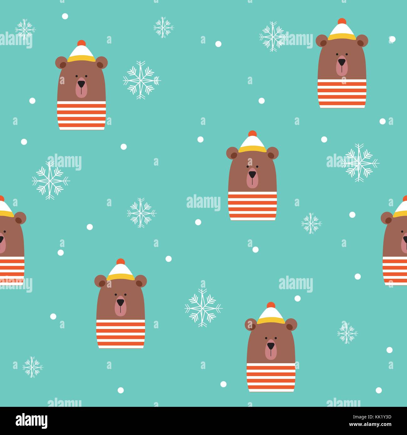 Süße Bär mit Hut Schal winter Schneeflocken blau nahtlose Muster Vector Illustration Stock Vektor