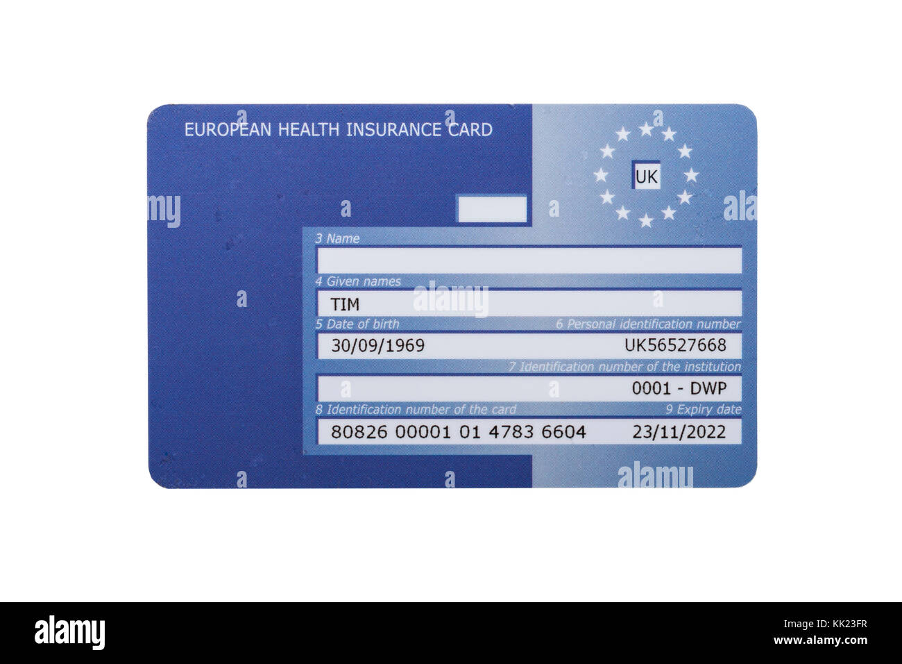 Eine europäische Krankenversicherungskarte ehic auf weißem Hintergrund Stockfoto