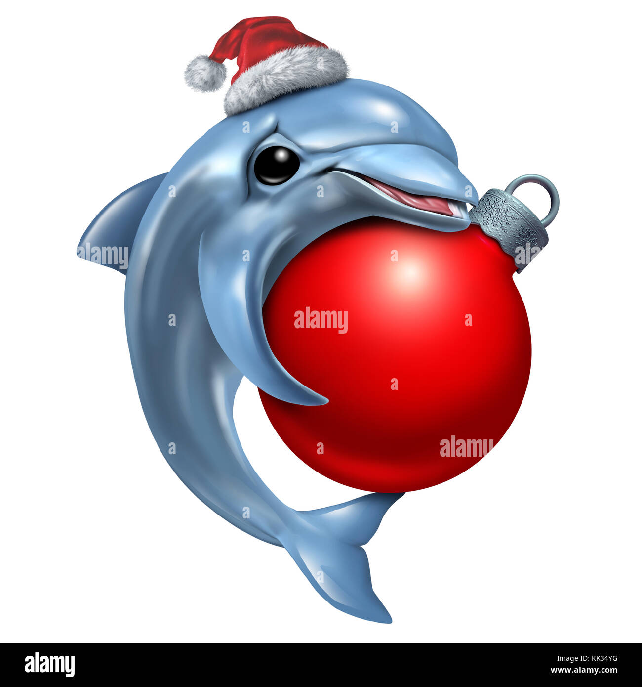 Niedlicher Weihnachtsdelfin hält eine Weihnachtsfeier Weihnachtskugel als fröhliches festliches Meeressäugetier mit 3D-Illustrationselementen. Stockfoto