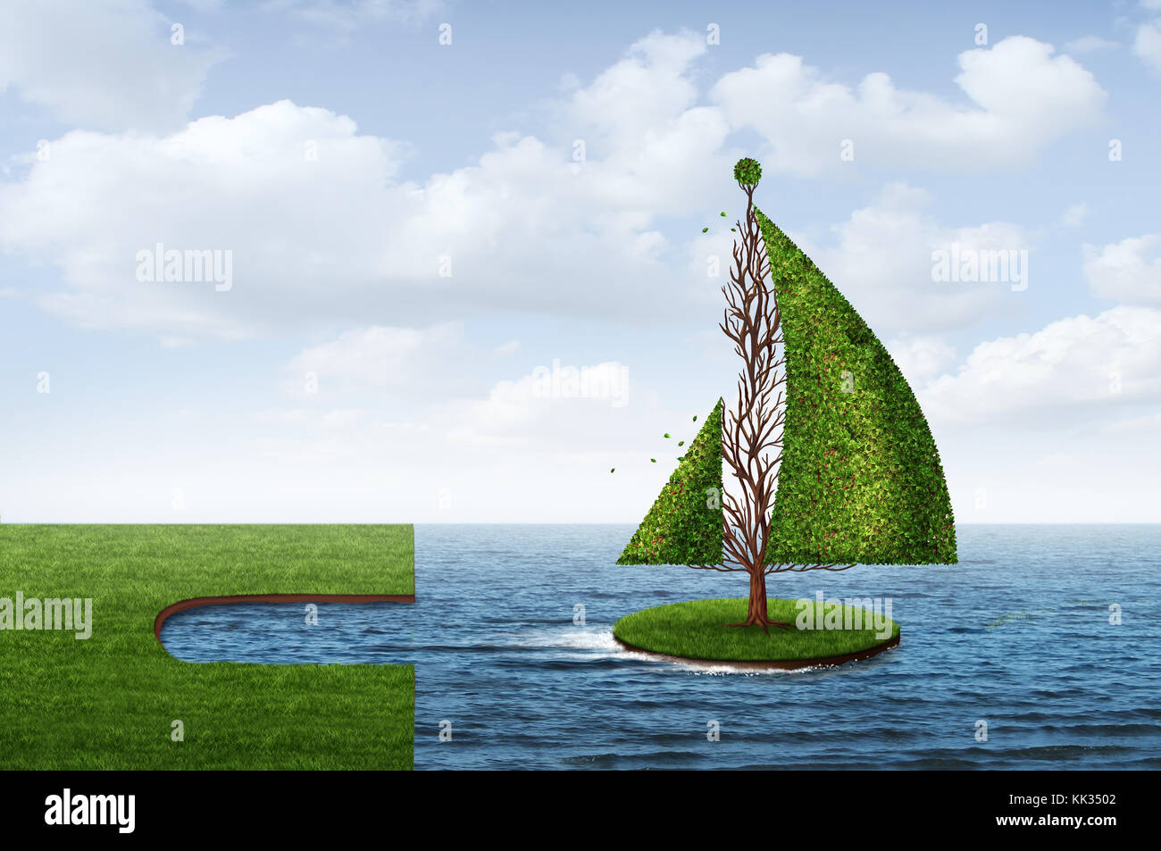 Gelegenheit Business Venture Konzept als Baum wie ein Boot als Metapher segeln in Richtung Erfolg mit 3d-render Elemente fest geformte erkunden. Stockfoto