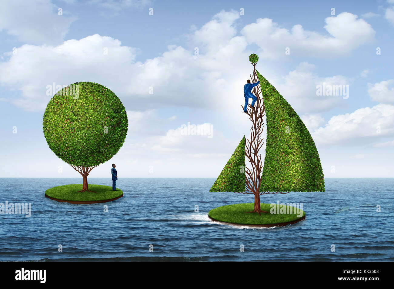 Smart Business Planung für die Zukunft als eine Person weg segeln zum Erfolg mit einem Baum Segeln und ein anderer Mann immer noch auf einer Insel. Stockfoto