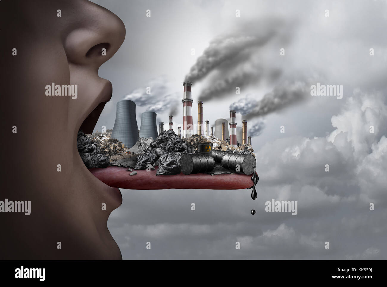 Giftige Schadstoffe, die im menschlichen Körper und essen Schadstoffe als offener Mund einnehmen der industriellen Giftstoffe mit 3D-Illustration Elemente. Stockfoto