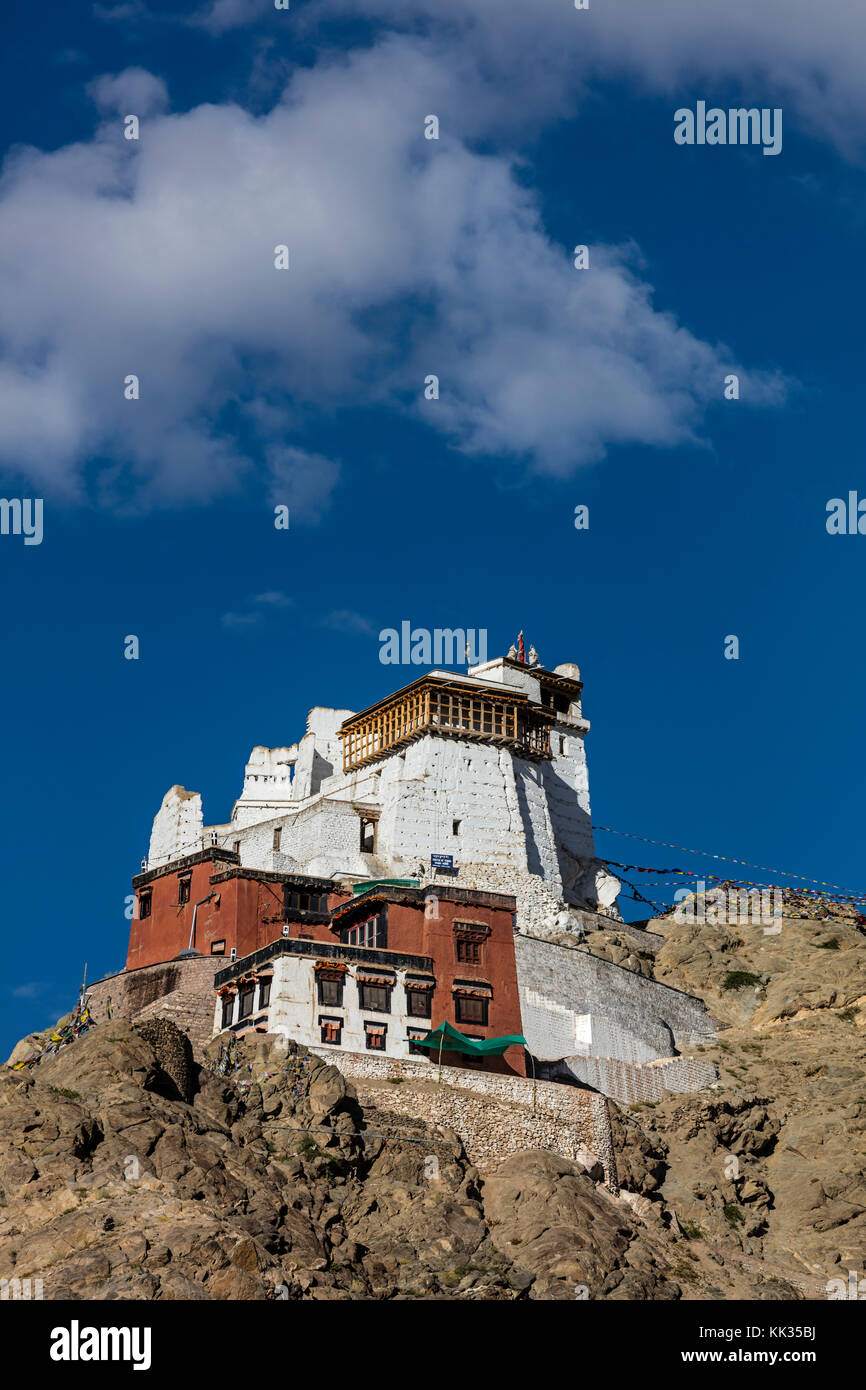 DAS KLOSTER LEH GOMPA oder Namgyal Tsemo liegt auf einem Hügel über der Stadt - LEH, LADAKH, INDIEN Stockfoto