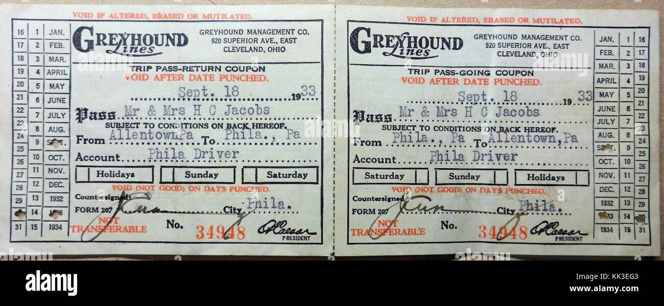 1933 Greyhound Bus Ticket Allentown PA Stockfoto