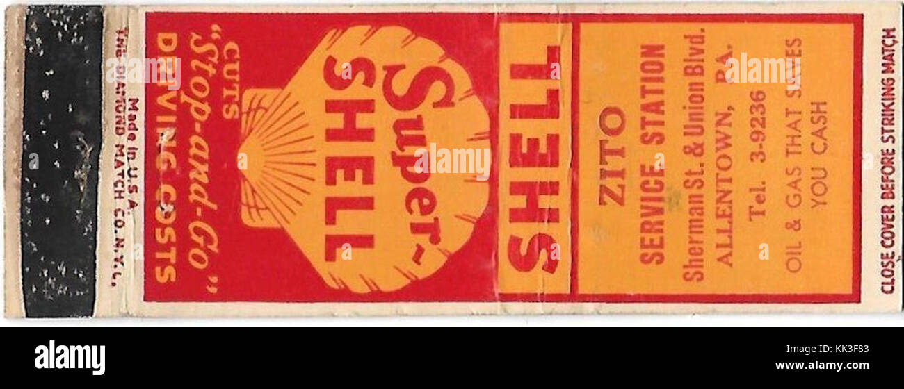 1933 Zito Service Station Matchcover Allentown PA Stockfoto