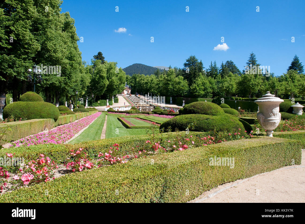 Gärten und Cascada Nueva Brunnen. La Granja de San Ildefonso, Provinz Segovia, Kastilien-León, Spanien. Stockfoto