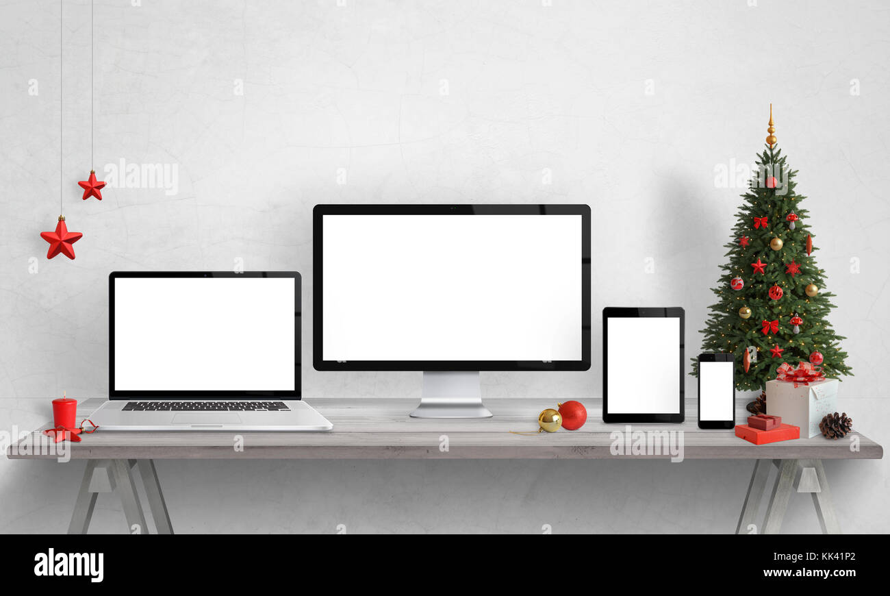 Reaktionsschnelle Geräte mockups mit Weihnachtsschmuck. isolierte Bildschirm von Geräten für Web site Design Präsentation. Stockfoto
