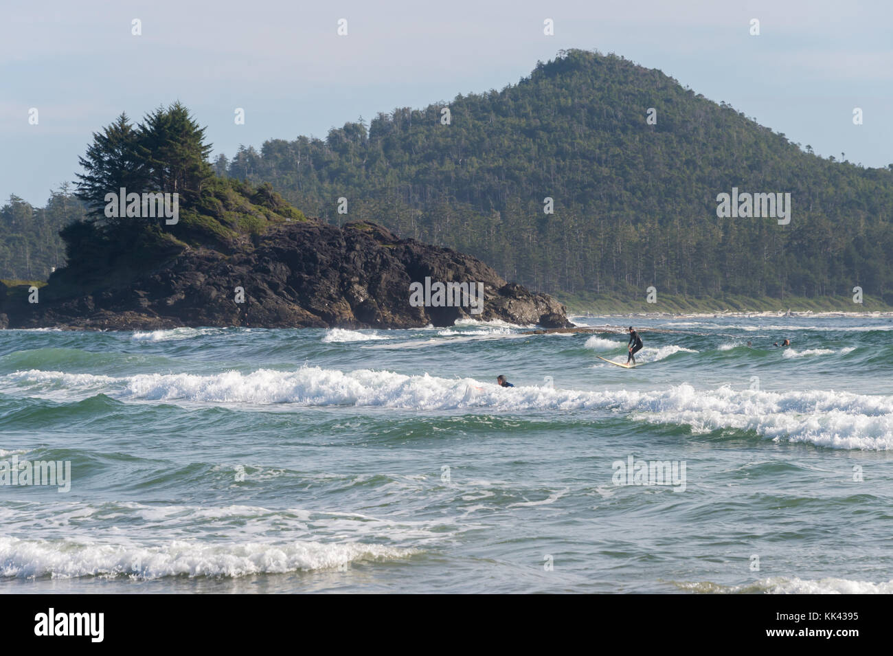 Surfer auf Chesterman Beach in der Nähe von Tofino, BC, Kanada (September 2017) Stockfoto