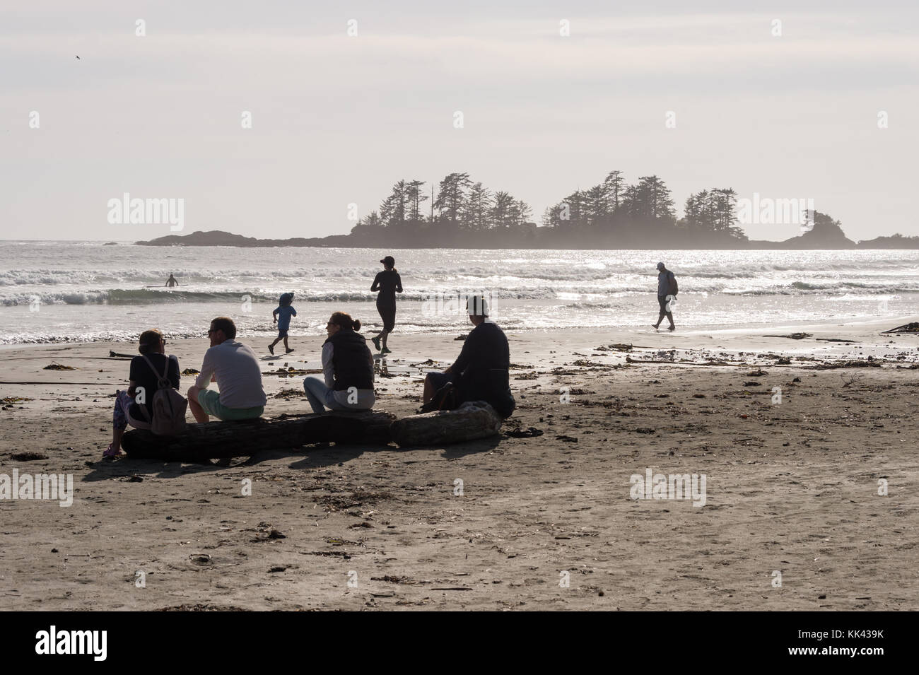 Chesterman Strand in der Nähe von Tofino, BC, Kanada (September 2017) - Familie auf Holzklotzholz sitzen. Stockfoto