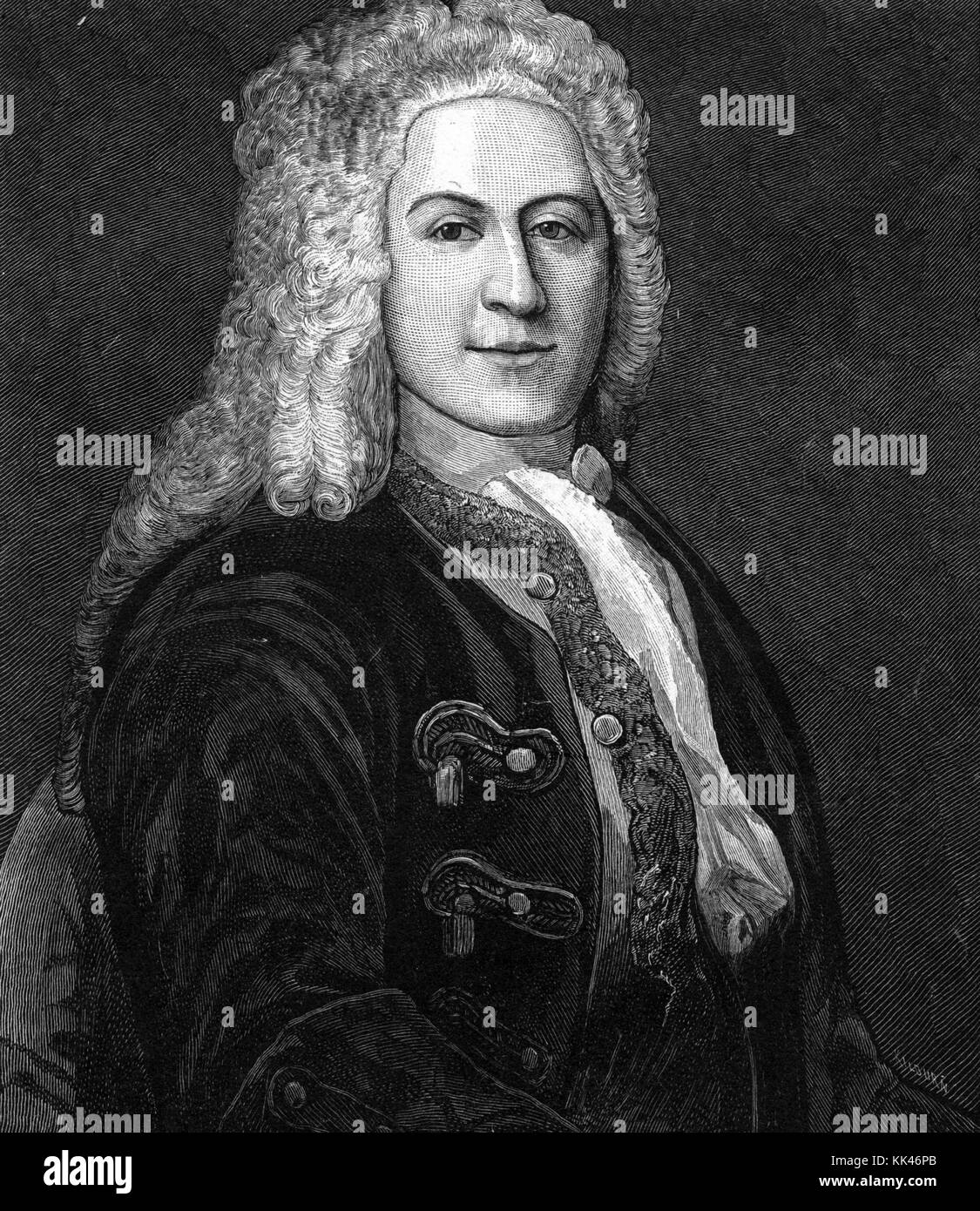 Holzstich Portrait von Jonathan Belcher, diente als Kolonialer Gouverneur der britischen Kolonien von New Hampshire und Massachusetts (17291741) (17301741), und Später zehn Jahre als Gouverneur von New Jersey, 3388. Von der New York Public Library. Stockfoto