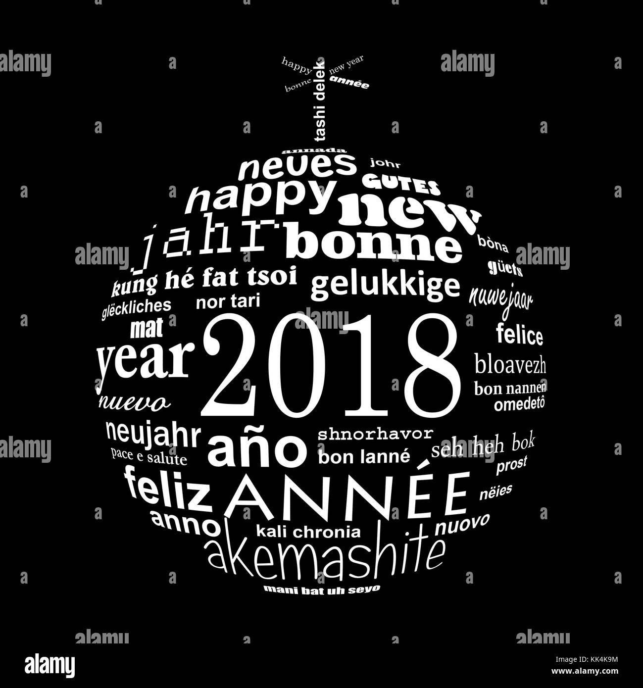 2018 Neues Jahr mehrsprachiger Text word cloud Grußkarte in Form eines White christmas Ball auf schwarzem Hintergrund Stockfoto