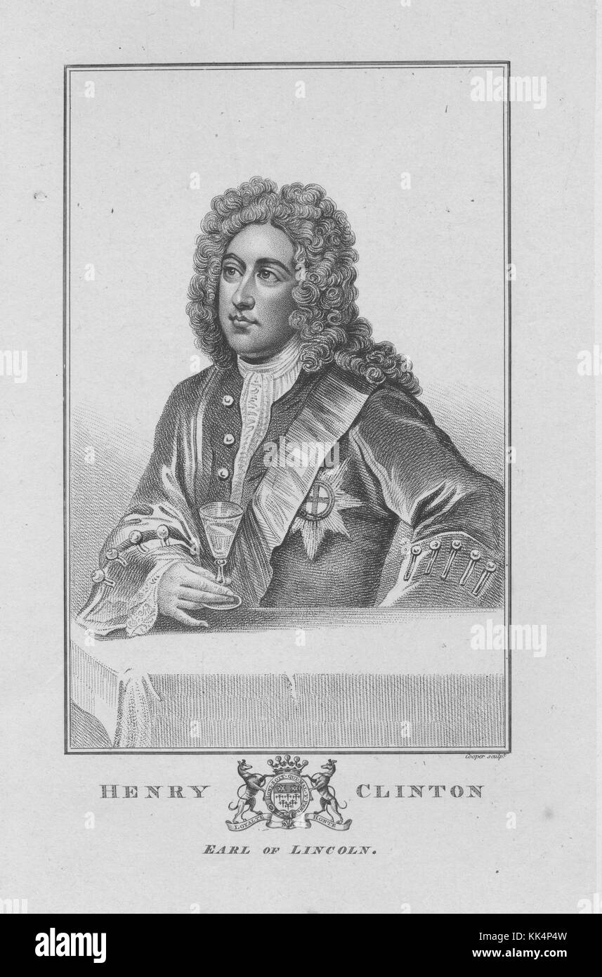 Eine radierung von einem Porträt von Henry Clinton, 7th Earl of Lincoln, Er war der Schwager von Thomas Pelham - holles, 1. Herzog von Newcastle, der war ein prominenter Politiker, die ihn in seiner politischen Karriere unterstützt, diente er als Zahlmeister der Kräfte, Constable von dem Tower von London und cofferer des Haushalts 1750. Die von der New York Public Library. Stockfoto