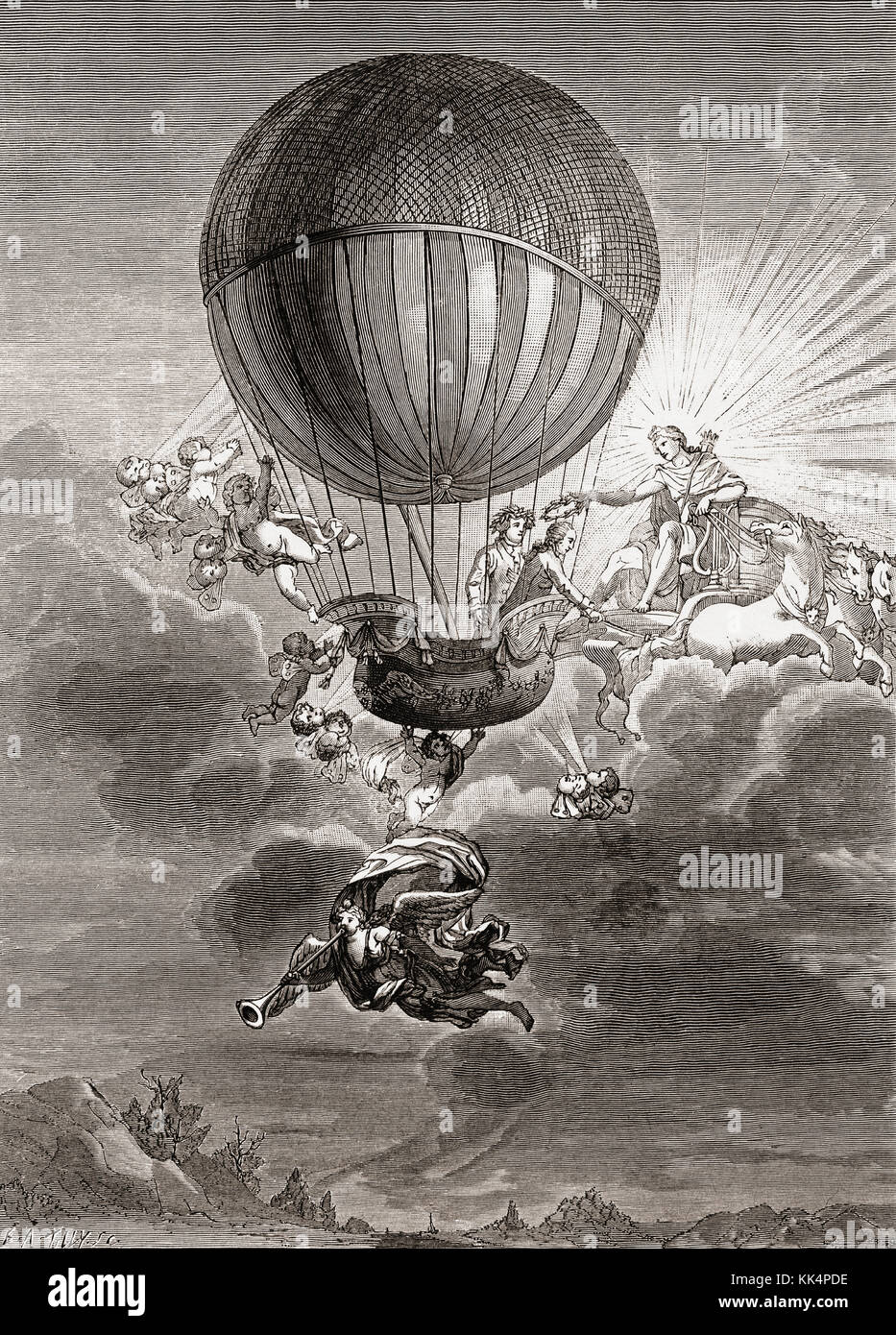 Allegorische Arbeit, die den Ballonfahrer Jacques Alexandre César Charles zeigt, der einen Kranz von Apollo erhält. Jacques Alexandre César Charles, 1746 - 1823. Französischer Ballonfahrer, Erfinder, Wissenschaftler und Mathematiker. Stockfoto