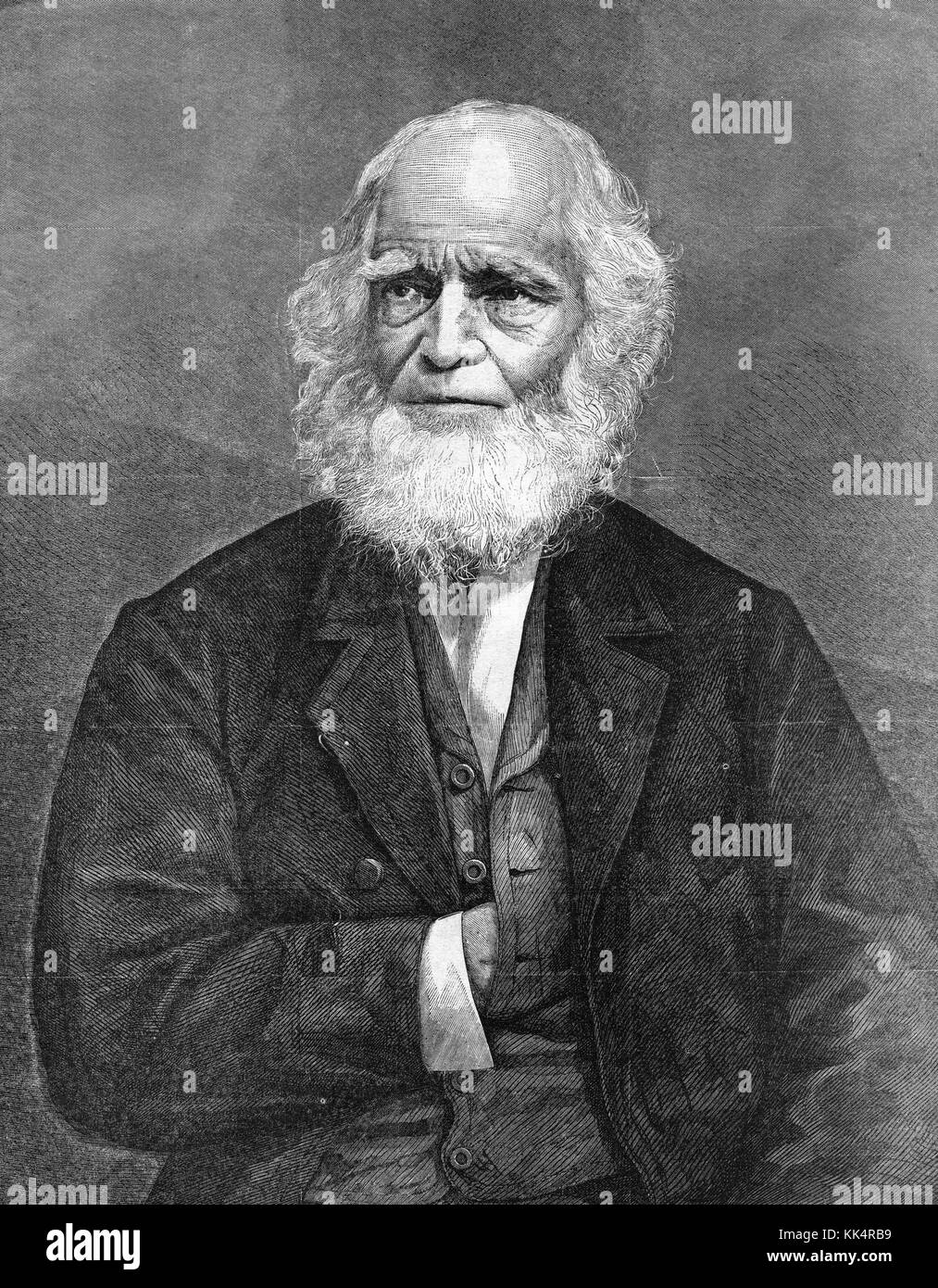 Stupelstich-Porträt von William Cullen Bryant, einem amerikanischen romantischen Dichter, Journalist und langjährigen Redakteur der New York Evening Post, sitzend, mit der Hand in der Weste, New York, 1870. Aus der New York Public Library. Stockfoto