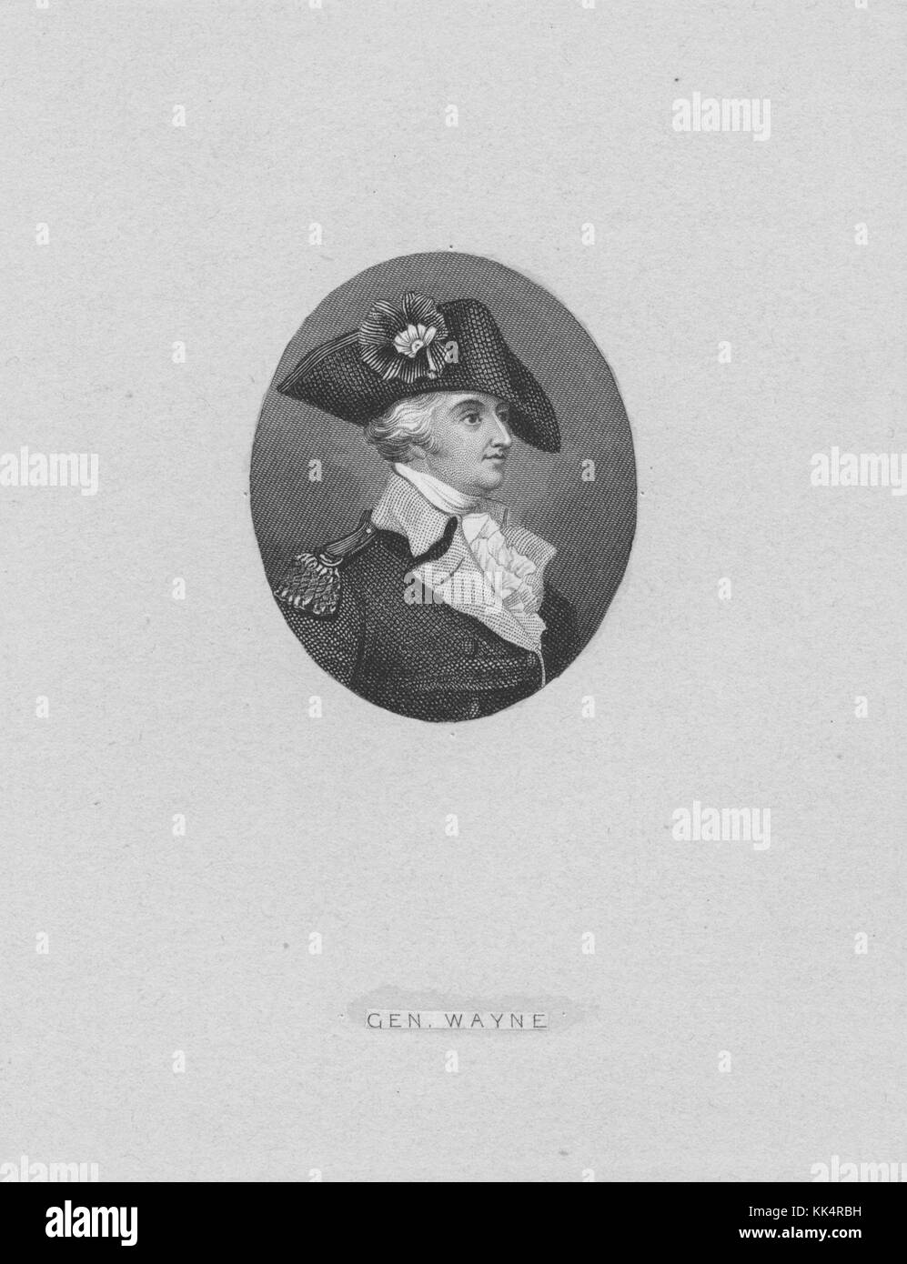 Graviert Portrait von General Anthony Wayne, ein United States Army Officer, Staatsmann, und Mitglied des Repräsentantenhaus, auch bekannt als Mad Anthony, später diente er als General in der Armee und der Legion der Vereinigten Staaten geboten, trug einen großen Hut mit einer Blume, die Vereinigten Staaten, 1778. Von der New York Public Library. Stockfoto