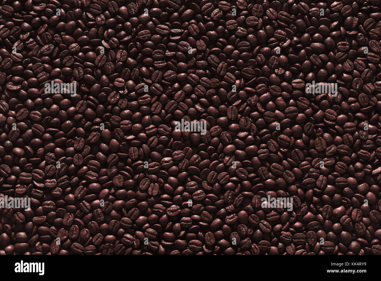 Geröstete Kaffeebohnen auf einer flachen Hintergrund. Stockfoto