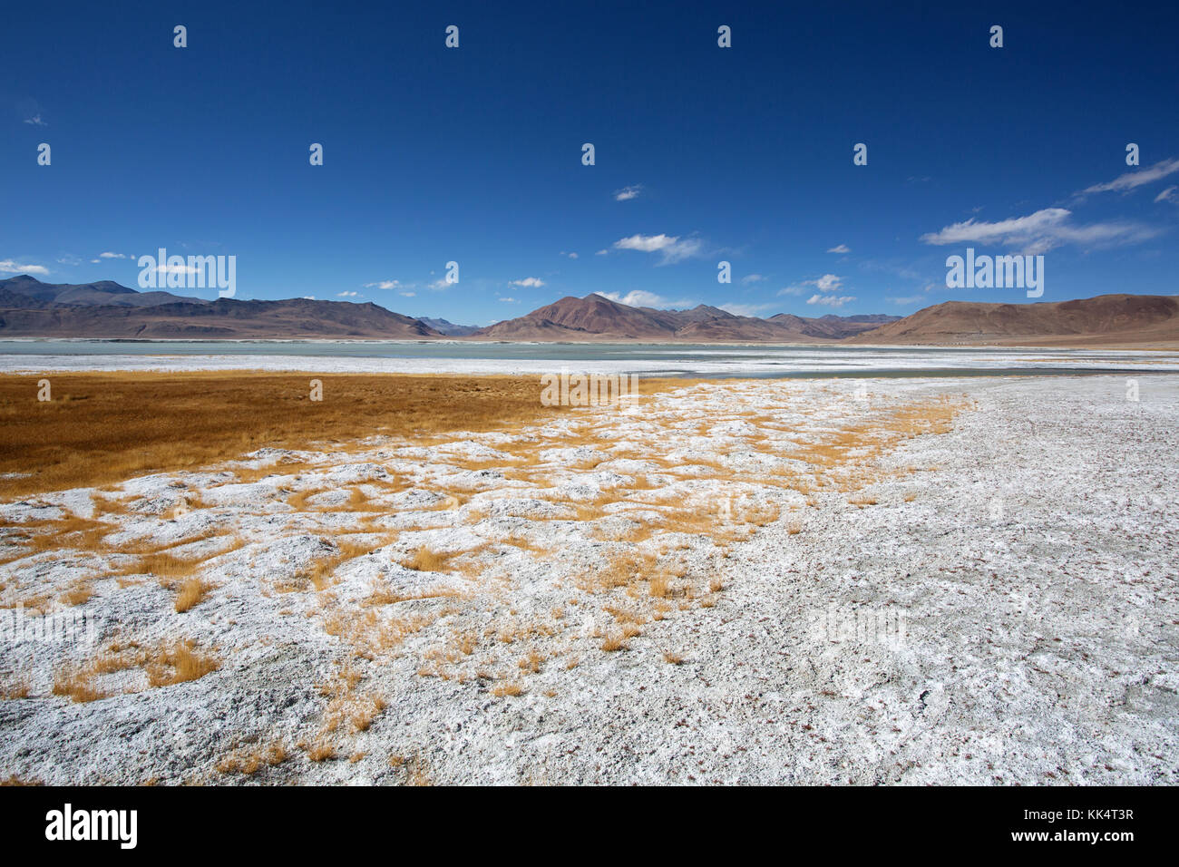 Karge Landschaft und Schichten von Salz auf einer klaren Herbsttag bei schwankender Salzsee Tso Kar, Ladakh, Indien Stockfoto