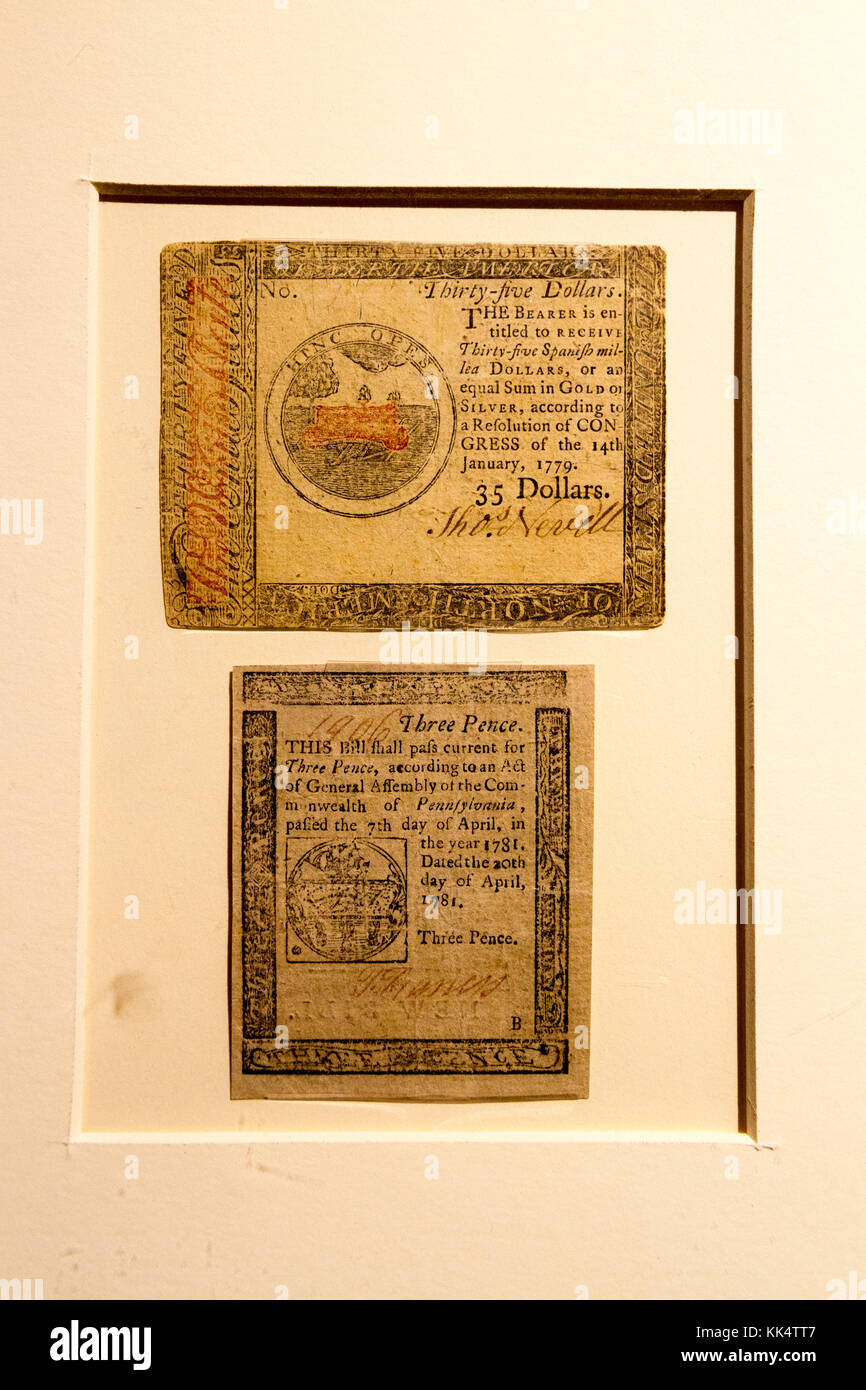 Continental Congress Banknoten im Museum auf dem Mount Vernon Estate, Alexandria, Virginia, USA. Stockfoto