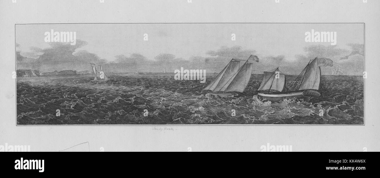 Ein Stich mit mehreren Segelschiffen auf hoher See, die beiden Boote im Vordergrund scheinen dem Betrachter fernab aufgelistet zu sein, ein größeres Dreimast-Schiff ist im Hintergrund am Horizont zu sehen, eine Felswand verläuft entlang der Küste links vom Bild, 1800. Aus der New York Public Library. Stockfoto