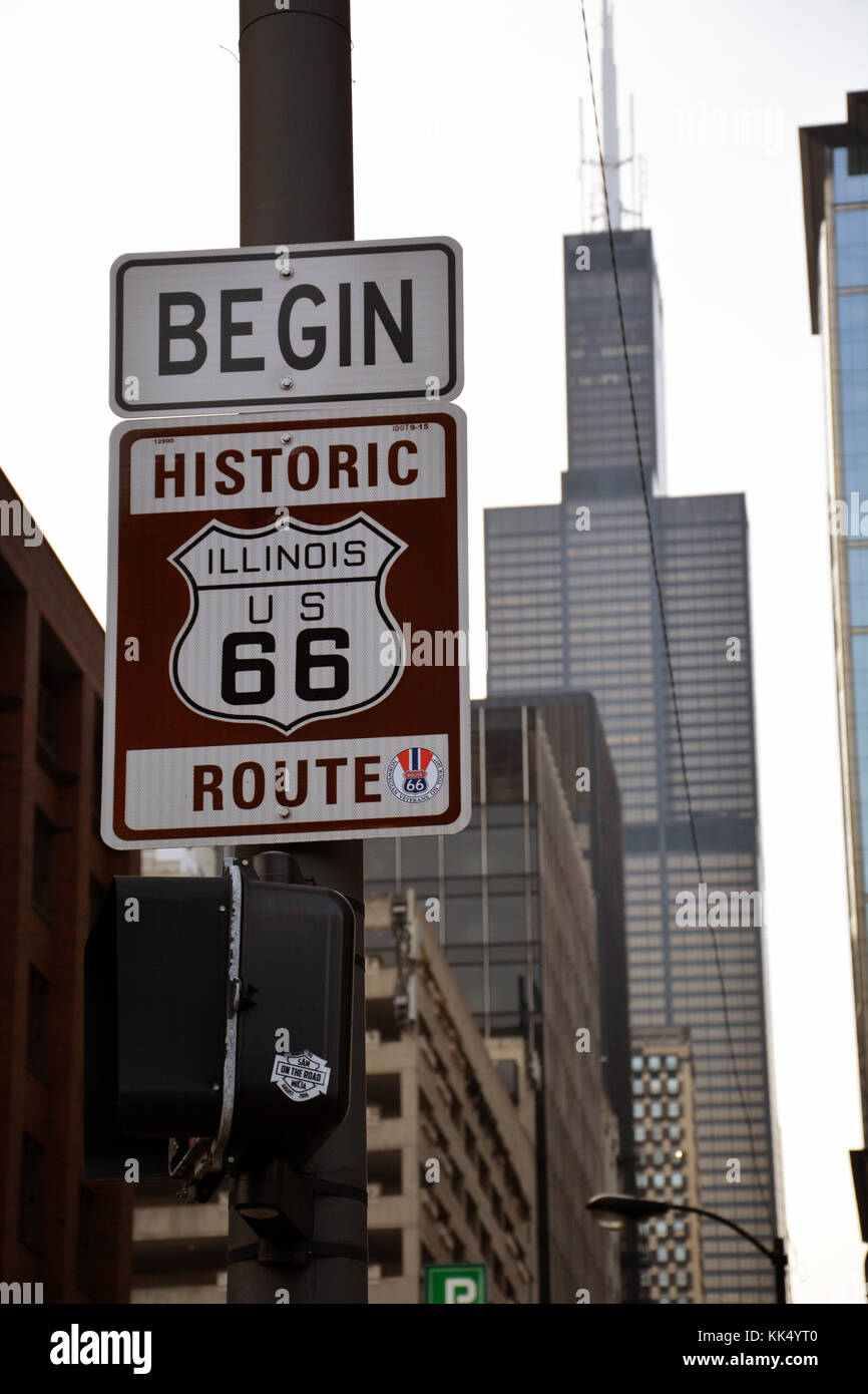 Beschilderung der historischen Beginn der Rte 66 Mark, "die Mutter Straße, in der Innenstadt von Chicago Stockfoto