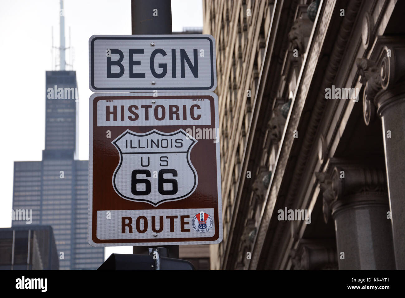 Beschilderung der historischen Beginn der Rte 66 Mark, "die Mutter Straße, in der Innenstadt von Chicago Stockfoto