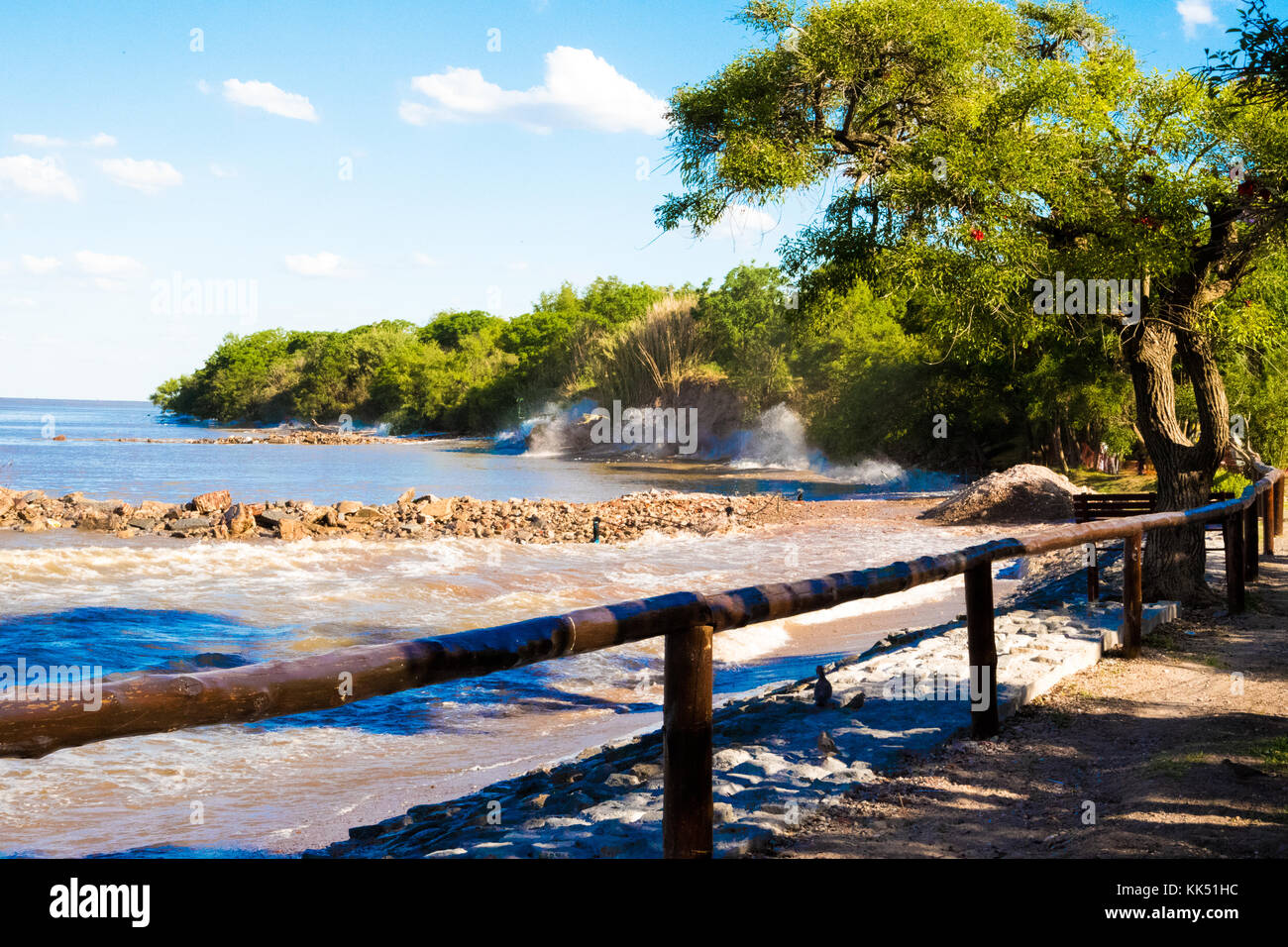 Wellen, die am Ufer des ökologischen Reservats von Puerto Madero abstürzen. Stockfoto