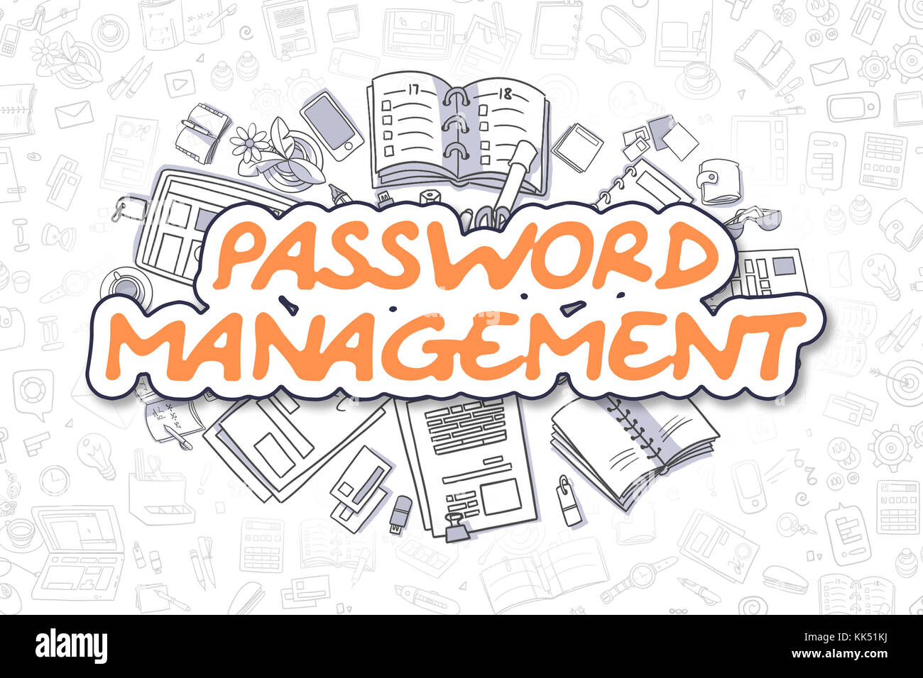 Passwort management - Doodle orange Text. Stockfoto