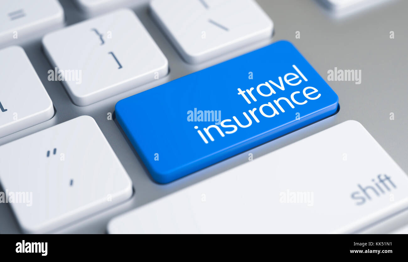 Reiseversicherung auf Blau Tastatur drücken. 3d. Stockfoto