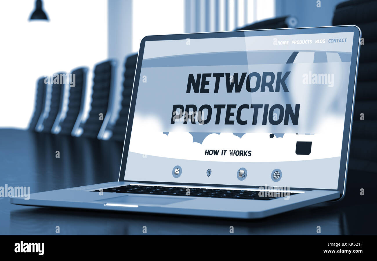 Netzwerk Schutz auf Laptop im Konferenzraum. 3d. Stockfoto